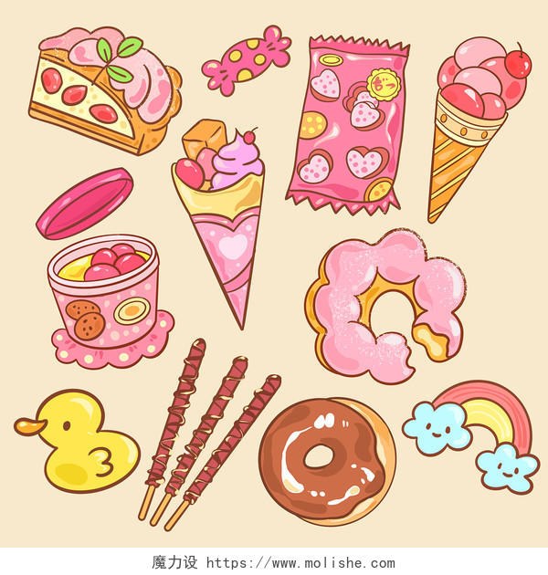 卡通夏天冷饮甜品零食玩具元素原创插画